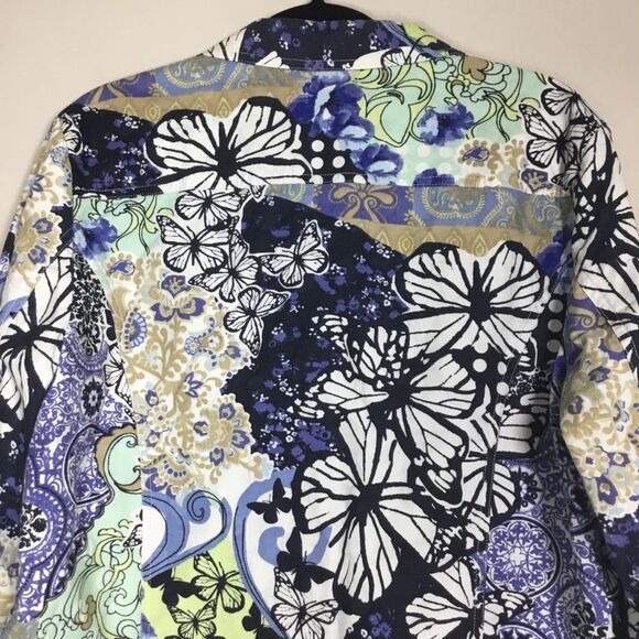 100% cotton denim jacket in navy blue minty green gold with butterfly scrolls XL - Picture 5 of 7